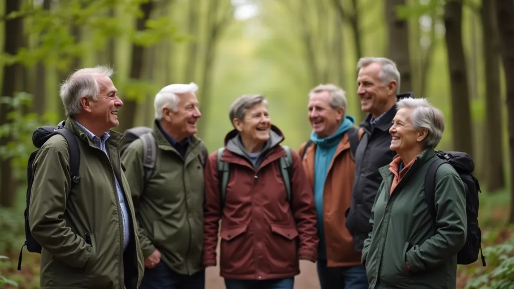Group of five seniors gathered at a forest clearing at Coole Park, pointing toward the trail ahead, looking happy and engaged
