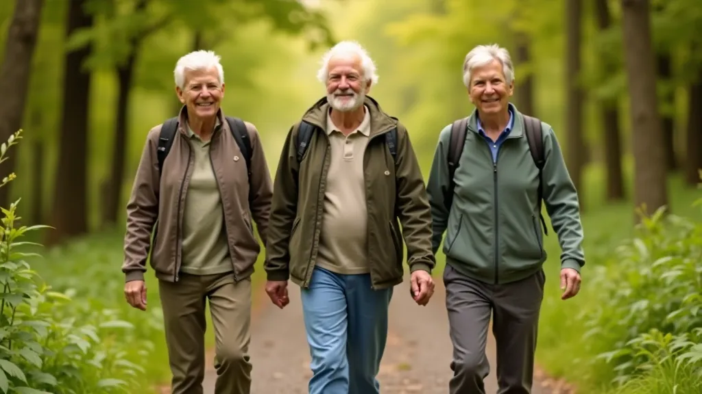 Group of three active seniors walking together on a woodland path