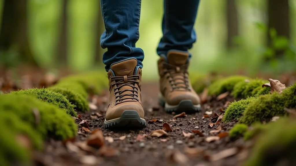 Hiking boots on a forest trail with green moss and leaves