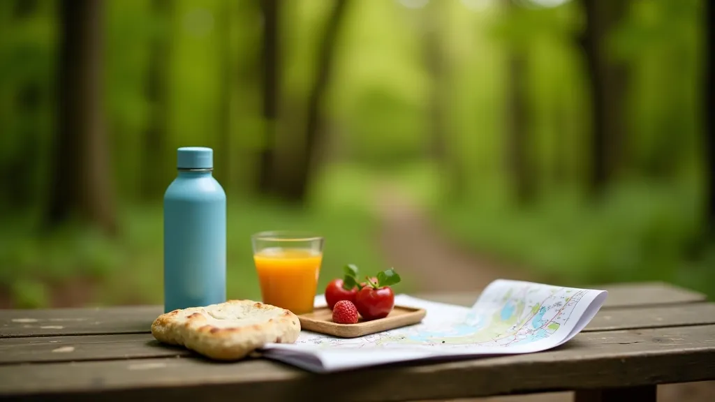 Outdoor picnic setup with water bottle, snacks, and trail map on a wooden bench surrounded by trees