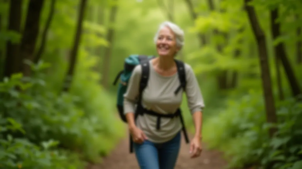 Person wearing a lightweight backpack, walking on a woodland trail surrounded by green trees and filtered sunlight