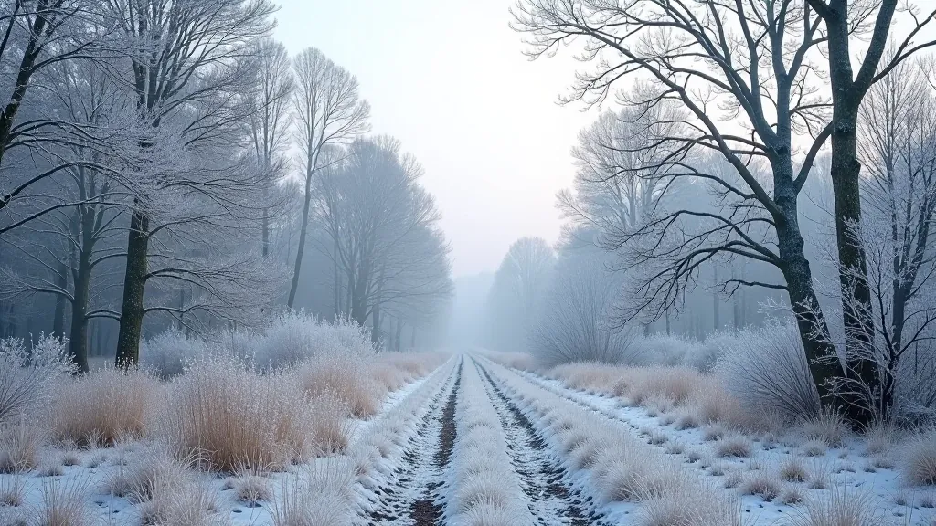 Winter woodland scene with frost and bare trees