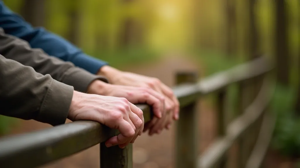 Close-up of three people's hands resting on a wooden trail railing, showing friendship and connection in nature