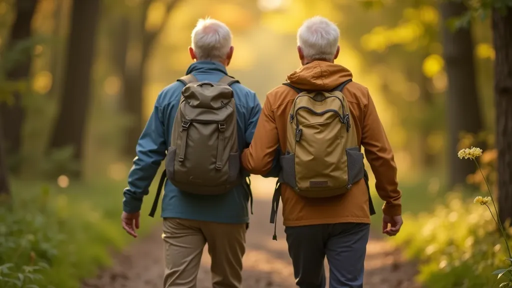 Pair of hikers walking together on woodland trail, supporting each other, both wearing appropriate hiking footwear and safety gear