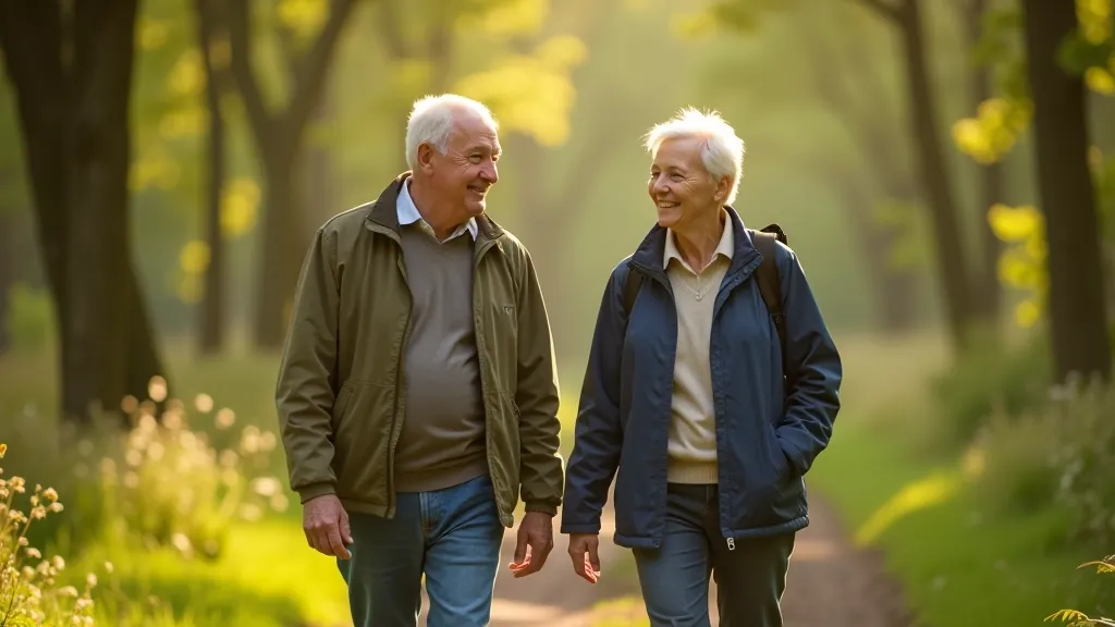 Two seniors walking side by side on a woodland trail at Coole Park, having a conversation, morning light filtering through trees