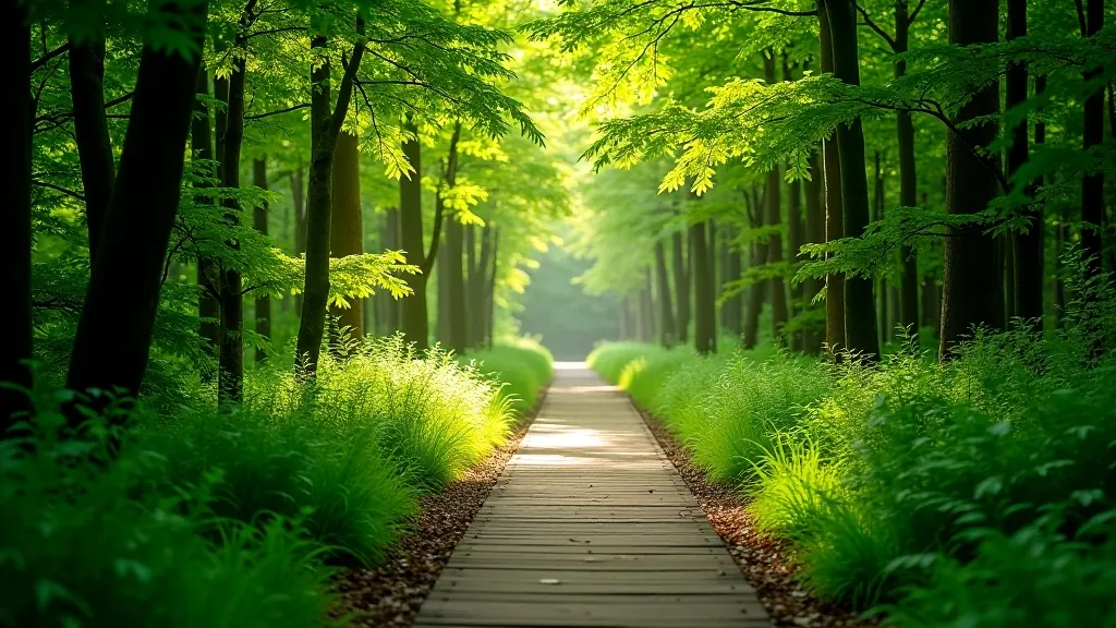Wooden trail winding through dense green woodland forest